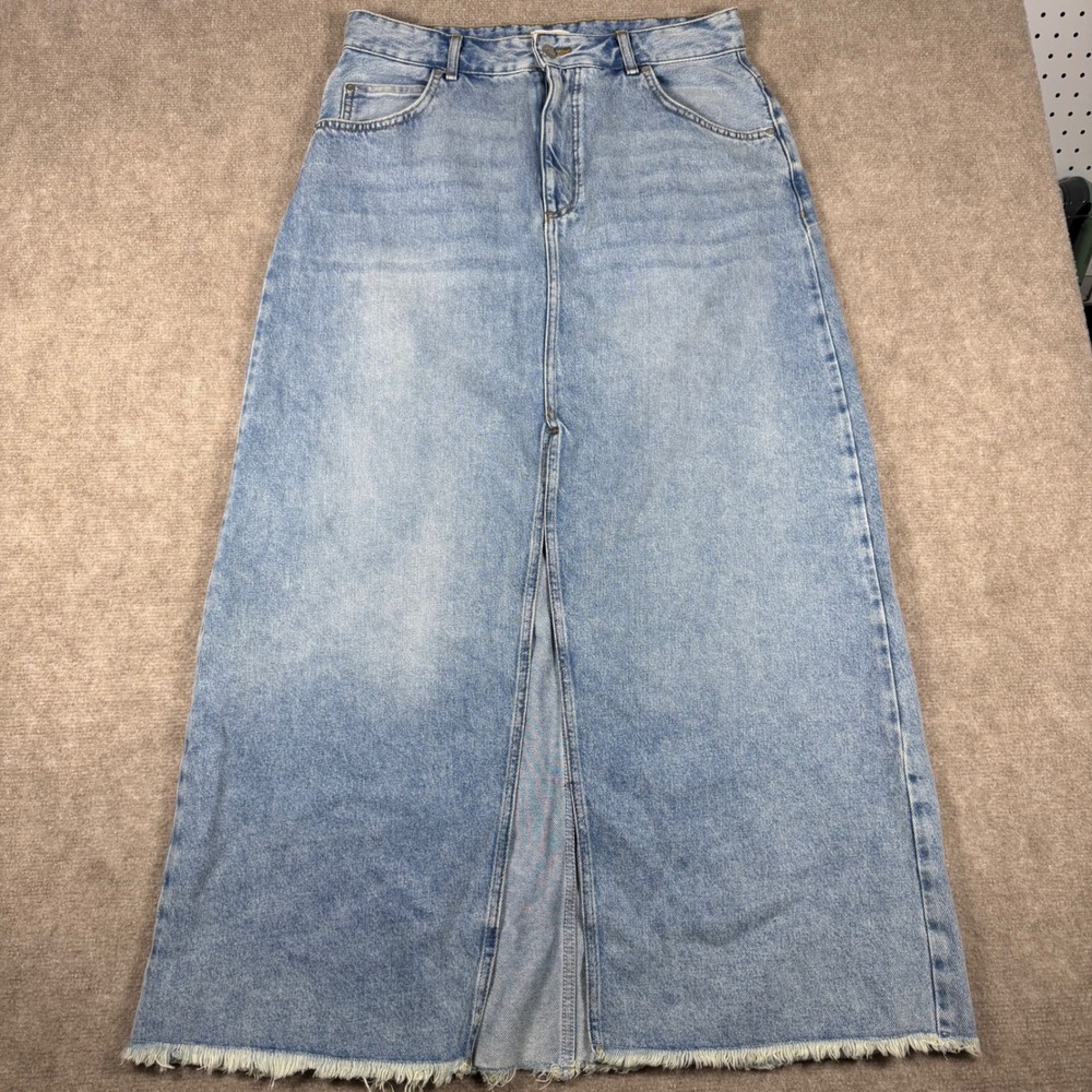 Pilcro Anthropologie Madi Light Wash Denim Maxi Skirt Raw Hem Front Slit Size 14